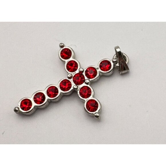 Vintage Silver Tone Cross Pendant Garnet Red Rhinestones Religious Christian - Picture 4 of 6